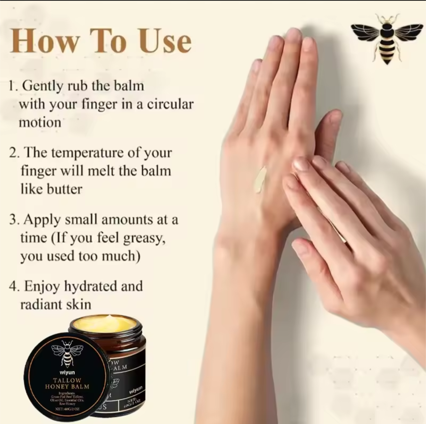 Organic Grass-Fed Beef Tallow Balm with Raw Honey Moisturizing Cream for Soft Smooth Skin Handmade All-Natural Moisturizer Skin