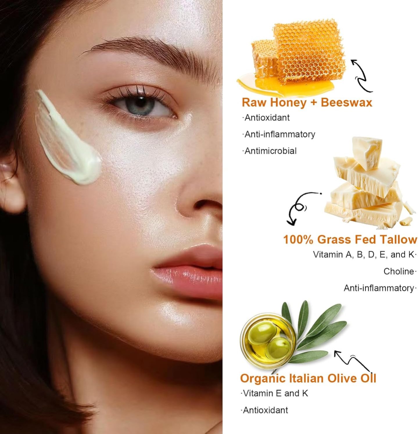 Organic Grass-Fed Beef Tallow Balm with Raw Honey Moisturizing Cream for Soft Smooth Skin Handmade All-Natural Moisturizer Skin