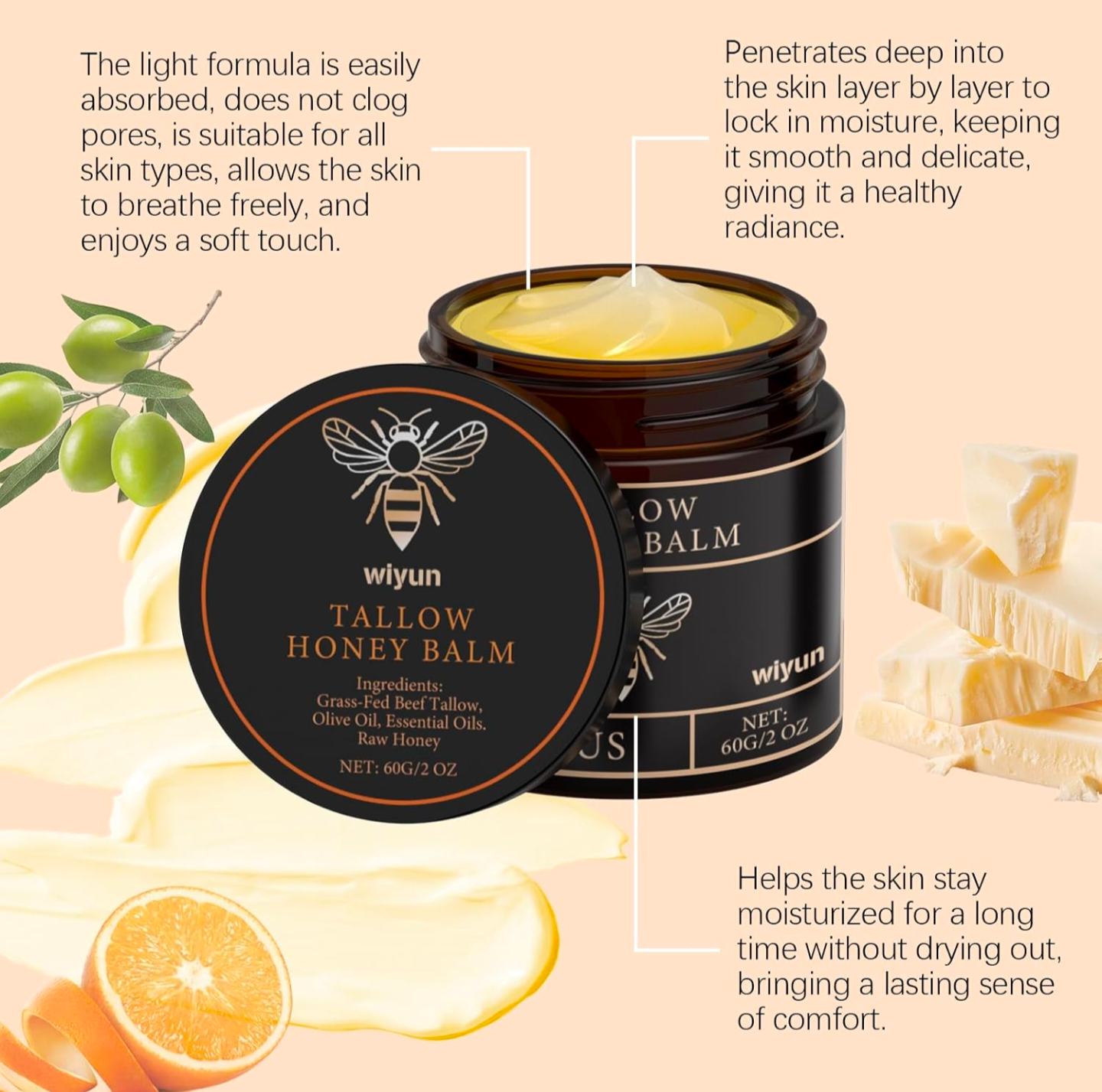 Organic Grass-Fed Beef Tallow Balm with Raw Honey Moisturizing Cream for Soft Smooth Skin Handmade All-Natural Moisturizer Skin
